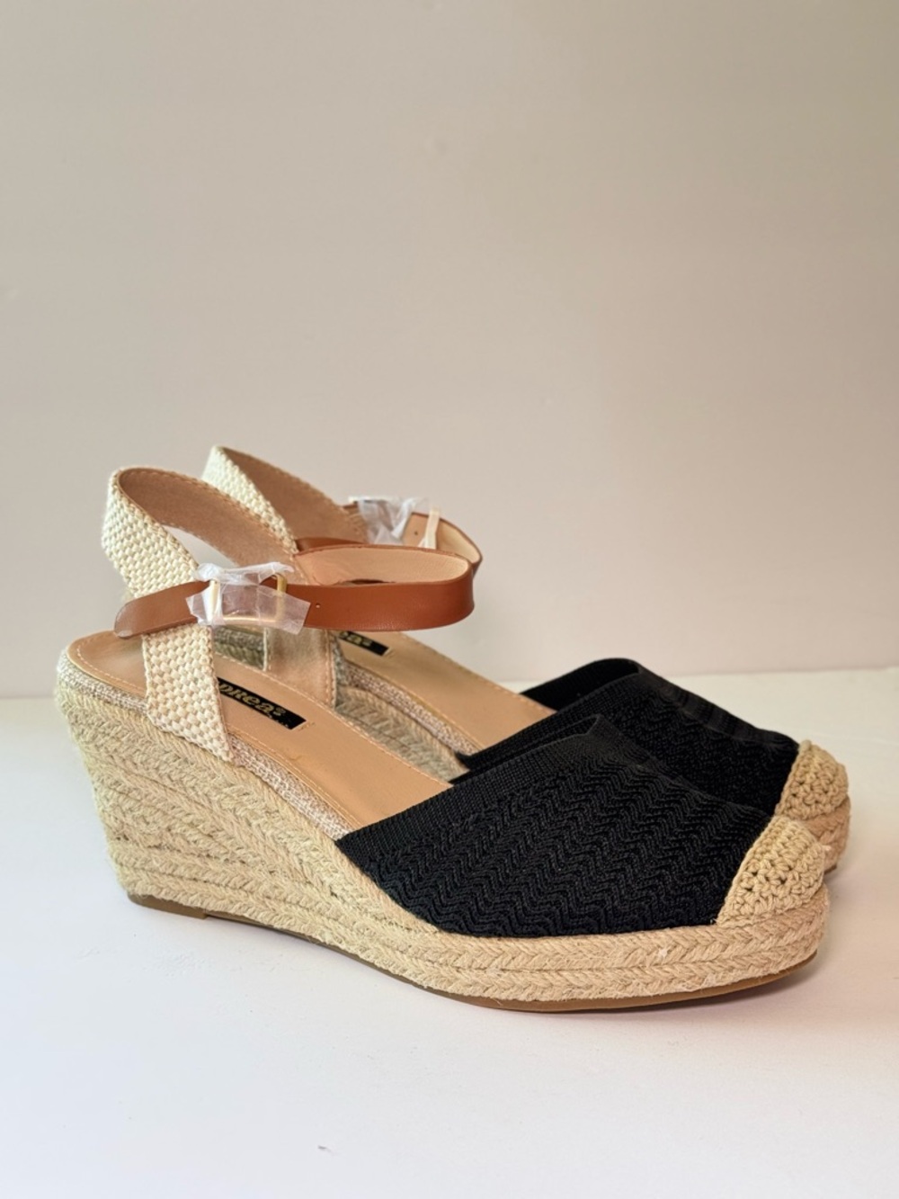 Black Espadrille Wedge Sandals with Tan Ankle Strap